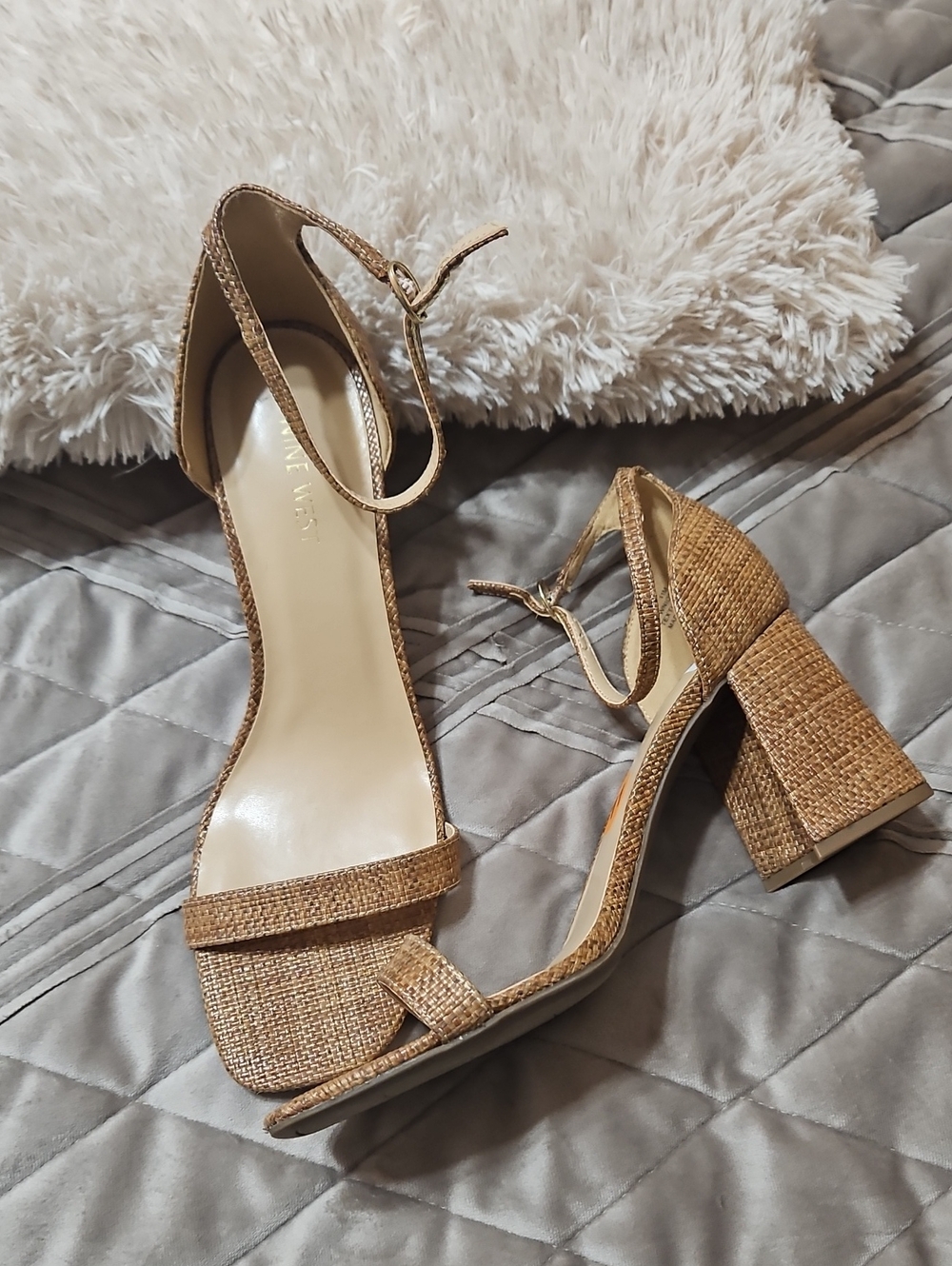 Nine West Tan Woven Ankle-Strap Block Heels